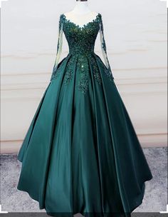 Dark Green Long Sleeve Wedding Dress, Forest Green Ball Gown Princess, Green Ball Gown With Sleeves, Deep Midnight Green Ball Gown, Beautiful Green Dresses Gowns, Hunter Green Ball Gown, Forest Green Quinceanera Dress Long Sleeve, Deep Green Ball Gown, Dark Green Wedding Dresses