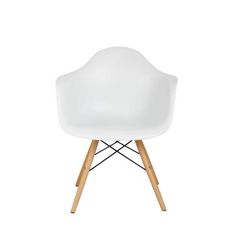 a white plastic chair with wooden legs