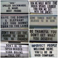 several different signs that are on the side of a building with words written in them