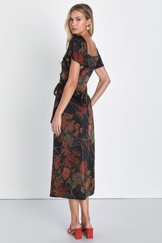 You'll be ready for a chic celebration in the Lulus Subtle Elegance Black Floral Print Faux Wrap Midi Dress! Satin-like woven fabric boasts an understated floral print across short flutter sleeves (with elastic at the shoulders) and a surplice bodice. Faux wrap silhouette has an overlapping skirt with a sash tie at the side, finishing at a midi hem. Hidden zipper/clasp at back. Fit: This garment fits true to size. Length: Mid-calf length. Size medium measures 48.5" from shoulder to hem. Bust: Gr Fall Floral Print Midi Dress For Night Out, Evening Floral Print Maxi Dress With Square Neck, Floral Print Maxi Dress With Square Neck For Evening, Square Neck Floral Print Maxi Dress For Evening, Elegant Black Midi Dress For Garden Party, Black Dress For Fall Garden Party, Flowy Square Neck Midi Dress For Evening, Chic Floral Print Midi Dress For Evening, Fall Floral Print Midi Cocktail Dress