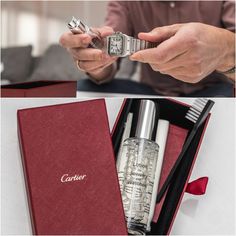 100% Authentic, From Cartier, Nyc. Never Used, Brand New. In A Small Red Cartier Box Comes A Microfiber Cloth, A Soft Brush, A 30ml Bottle Of “Lotion For Jewelry And Watches” With A Sprayer On Top, And A Small Instruction Booklet. You Spray Some Of The “Lotion” On Your Watch And Clean It With The Included Brush. You Then Rinse The Watch Off With Some Water And Dry It With The Included Cloth. *Cartier Invoice Is Not Included; Shown For Proof Of Authenticity Only. Cartier Love Band, Jewelry Cartier, Cartier Love Ring, Jewelry Watch, Love Band, Cartier Jewelry, Gold Ceramic, Onyx Earrings, Rose Gold Bracelet