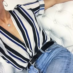 Stripes are still here and better than ever. Tuck into belted denim to keep it… Fashion Gone Rouge, Look Retro, Summer Blouse, Looks Street Style, Beauty And Fashion, Style Outfits, Outfits Casuales, Eminem