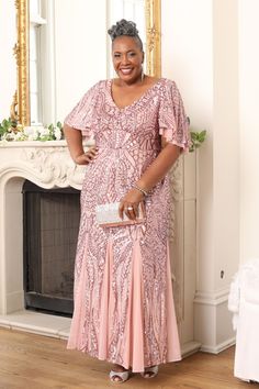 Feminine Flutter Sleeve Evening Dress, Evening Flutter Sleeve Pleated Dress, Elegant Pink Maxi Dress With Flutter Sleeves, Sequin Flutter Sleeve Dress, Elegant Flutter Sleeve V-neck Dress For Party, Plus Size Gowns Formal, Sequin Evening Gowns, Social Dresses, Plus Size Gowns