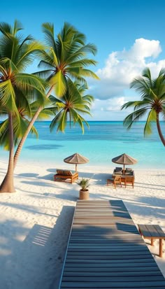 the beach is lined with palm trees and lounge chairs, which sit on white sand