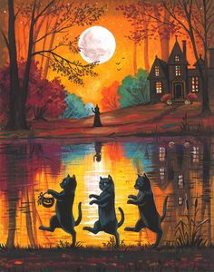 two cats are playing in the water at night with a full moon behind them and an orange sky