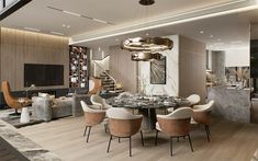 a dining room table surrounded by beige chairs