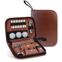 an open brown case with golf accessories inside on a white background in front of it