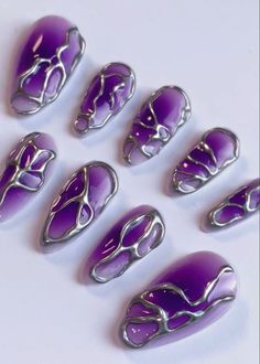 Nails Inspiration Funky, Purple Extra Nails, Purple And Blue Nail Art, Almond Acrylic Nails Designs Purple, Starfire Inspired Nails, Purple With Silver Nails, Eye On Nails, Nail Art Small Nails, D&d Nails