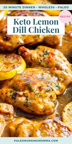 keto lemon dill chicken is shown in a skillet with the title overlay