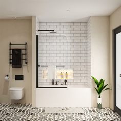 a bathroom with black and white tile flooring