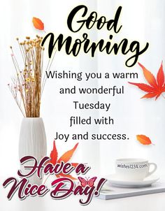 good morning wishes with autumn leaves on the window sill and coffee cup in front