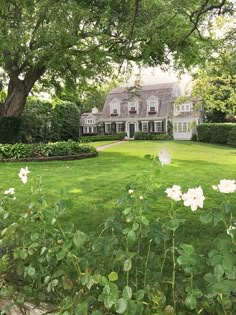 a large house sitting in the middle of a lush green field next to a tree