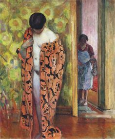 a painting of a woman wrapped in a leopard print blanket looking at herself in the mirror