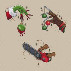 cross stitch christmas ornaments and hands with chainsaw