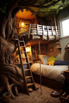 a bedroom with a tree house bed and ladder