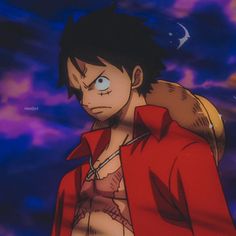 an anime character with big blue eyes wearing a red jacket and holding a brown backpack