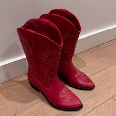 Brand New Never Worn. Red Leather. Very Soft. Trendy Red Boots With Square Toe, Trendy Red Square Toe Boots, Red Western Boots With Round Toe, Red Pointed Toe Faux Leather Boots, Pointed Toe Red Faux Leather Boots, Red Faux Leather Closed Toe Boots, Red Leather Boots For Spring, Medium Width Closed Toe Red Boots, Red Medium Width Closed Toe Boots