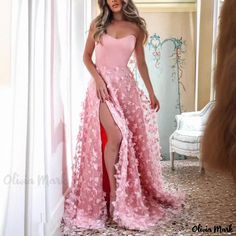 Olivia Mark - Strapless Mesh Split Elegant Evening Gown Formal Dress for a Sexy and Elegant Event Pectoral Girdle, Elegant Evening Gown, Pink Party Dresses, Fall Blouse, Long Prom Gowns, Evening Gowns Elegant, Round Neck Dresses, Pink Parties, Evening Gowns Formal