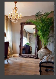 a large mirror sitting on top of a wooden floor next to a potted plant