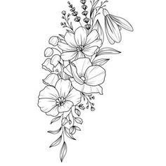 a line drawing of flowers with leaves and stems on the side, in black and white