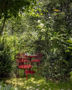 an outdoor table and chairs in the middle of a garden with lots of greenery