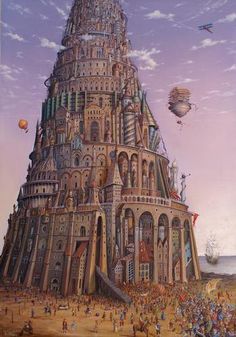 a painting of a very tall building with many people around it and hot air balloons in the sky