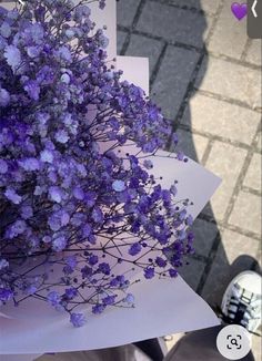 a bouquet of purple flowers sitting on top of a piece of paper