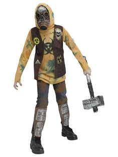 Your son can pretend to be the lone survivor with this Boy's Wasteland Warrior Costume. If they are a fan of the genre, they will get into character with this ensemble! Orders come as a yellow hooded top with stained designs and a radioactive symbol in front. A brown vest has themed patches and a pocket and included knee pads feature a scrap metal look. A gas mask with skull design makes it complete. Attending themed events or Halloween parties is going to be a blast for kids with this Wasteland Tornado Costume, Apocalyptic Warrior, Zombie High, Radioactive Symbol, Horror Costumes, Headless Man, Wasteland Warrior, Reaper Costume, Spooky Halloween Costumes