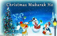 merry christmas mubarak ho with three cartoon characters in front of a snowman