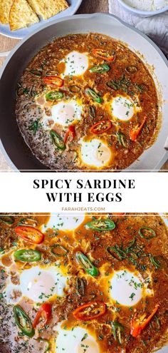 The top photo is spicy sardine with eggs in tomato sauce topped with cut chilis, served in a grey pot. Next to the pot is a plate of sliced flat bread, and a bowl of white rice. The bottom photo is a close up of the sardine dish. Make Ahead Fish Recipes, Tin Fish Recipes Dinners, Fish And Eggs, Eggs And Sardines, Smoked Sardines Recipes, Meals With Sardines, Italian Sardine Recipe, Recipes Using Sardines, Sardine Breakfast Recipes