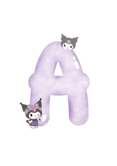 the letter is made up of purple letters and two black cats on top of it