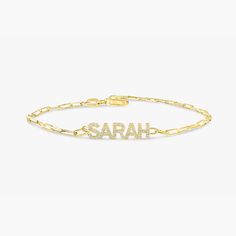 Marissa Spell your name out in diamonds, you deserve it. This is a gorgeous 14k gold name bracelet, which you can personalize just for you, or for someone you love! Choose the number of letters, the color, and the length you desire for the best comfortable fit. - Handmade- Solid Gold- Natural Diamonds- Initial Size: 4 mm- Total Diamond Carat Weight: .10 ctw ( approx for 5 letters) All pieces come beautifully boxed in suede pouches you can always use (which really comes in handy when traveling!) Personalized Diamond Bracelet For Everyday Wear, Personalized Diamond Name Bracelet For Anniversary, Personalized 14k Gold Chain Bracelet, Personalized Yellow Gold Diamond Bracelet For Everyday, Diamond Paperclip Chain Bracelet, Personalized Adjustable Diamond Bracelet, Elegant Adjustable Personalized Paperclip Bracelet, Elegant Personalized Adjustable Paperclip Bracelet, Elegant Nameplate Bracelet With Adjustable Chain