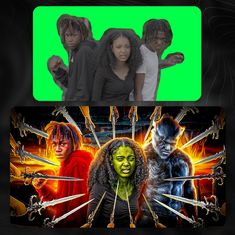 three people with different colored hair and makeup are standing in front of a green screen