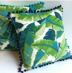 Pom Pom Pillow Cover / Tropical Teal Lime and Navy Palm Leaves Pillow Cover / Outdoor Pillow Lumbar / Aqua Turquoise Outdoor Pillow cover - Annabel Bleu Tropical Interiors, Aqua Pillows, Teal Decor, Tropical Pillows, Banana Palm, Pom Pom Pillows, Leaves Pillow, Palm Leaves Print, Outdoor Pillow Covers