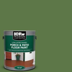 a green paint with the words ponchy and patio floor paint