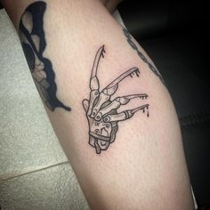 Freddy Krueger Tattoo Horror Patchwork Tattoo Sleeve, Simple Freddy Krueger Tattoo, Freddy Claw Tattoo, Freddy Krueger Hand Drawing, Horror Small Tattoo, Horror Tattoos Simple, Fine Line Horror Tattoo, Freddy Krueger Tattoo Ideas, Freddy Krueger Tattoos