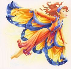 a card with an image of a woman in blue and yellow dress flying through the air