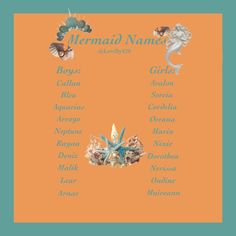 an orange background with the names of mermaids