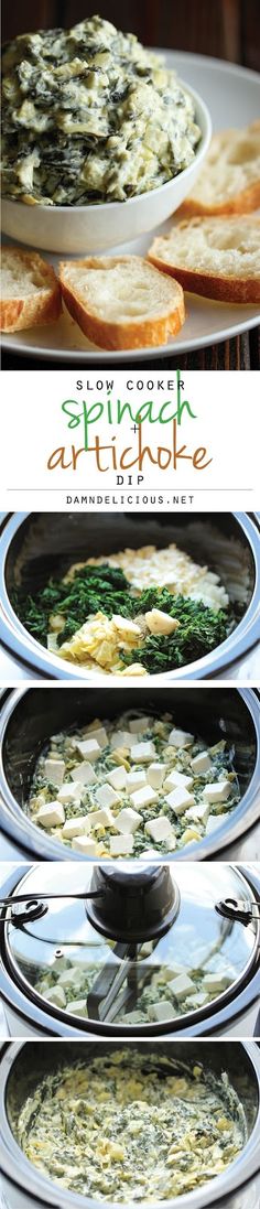 an assortment of food is displayed on plates and in pans with the words slow cooker spinach artichoke