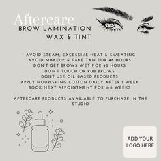 Brow Lamination, Wax & Tint, Lash Lift & Tint. Canva template. Digital download. Fully customisable. Aftercare advice for clients for beauty treatments. Personalise with own brands logo, colour schemes. Template link will be emailed once purchase has been made. Brow Lamination And Tint After Care, Eyebrow Lamination Aftercare, What Is A Brow Lamination, Brow Tint Aftercare, Brow Facts, Brow Lamination Aftercare, Lash Lift Aftercare