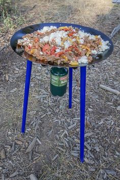 a table that has food on top of it in the grass near a fire pit