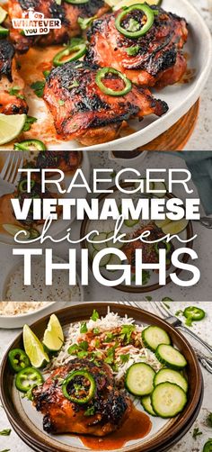 a plate with chicken and vegetables on it next to the words traeger vietnamese dishes