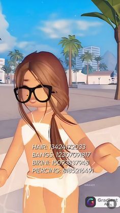 an animated girl with glasses on walking down the street in front of some palm trees