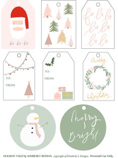 christmas gift tags with santa claus, snowman and holly wreaths on the top