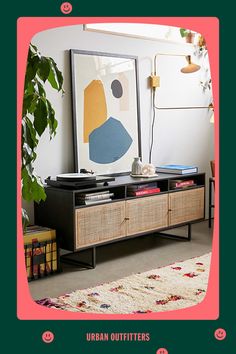 an image of a living room setting with furniture and art on the wall, including a record player