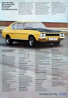 an advertisement for a yellow car with black stripeing on it's front end