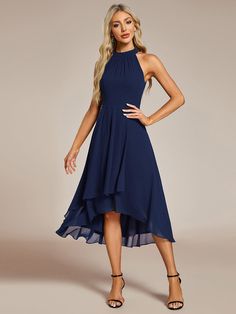 Midi Halter Neck Chiffon Wedding Guest Dress with Sleeveless and A-Line #color_Navy Blue Semi Formal Wedding Attire For Guest, Wedding Invatations, Evening Wedding Guest Dresses, Casual Wedding Guest Dresses, Long Flower Girl Dresses, Satin Flower Girl Dress, Popular Wedding Dresses, Beach Wedding Guest Dress, Military Ball Dresses