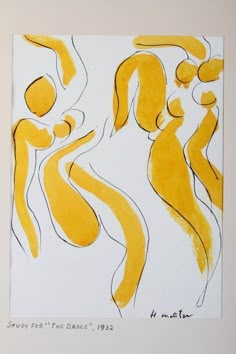 an abstract painting with yellow and white lines on the bottom half of it, depicting two women