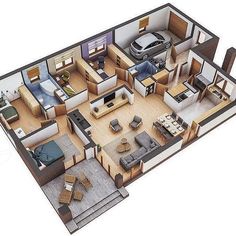 the floor plan of a house with all the furniture and furnishings in one room, including an open living area