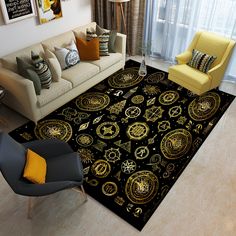 a living room with couches, chairs and rugs in black and gold colors